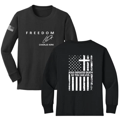 Charlie Kirk Just Defeated Death So You Can Live Youth Longsleeve Shirt - Image 1 of 2