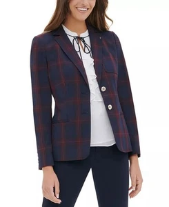Tommy Hilfiger Wmns Sz 0 Elbow Patch Plaid Blazer Red/Blue Preppy Ivy League NWT - Picture 1 of 8