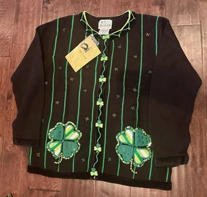 NEW Quacker Factory Med Sweater Cardigan Irish Lucky Clover Embroidered Beaded - Picture 1 of 12