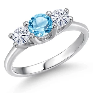 14K White Gold 3-Stone Ring Round Topaz Moissanite (1.11 Cttw) - Picture 1 of 6