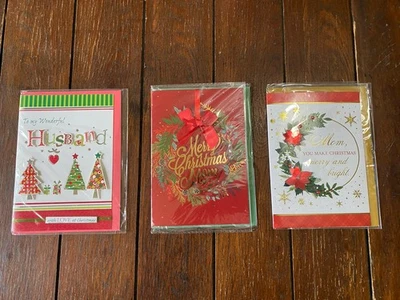Set Of 3 ~ Christmas Greeting Card For Mom & Husband 2D Wreath Christmas Trees - Image 1 of 4