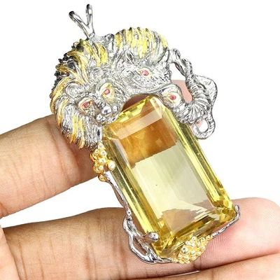 925 Sterling Silver Pendant Octagon Citrine 131ct Ruby Handmade Lion Gemstone - Image 1 of 4