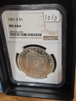 Moneda de dólar de plata Morgan 1881-S NGC MS64 estrella .dmpl anverso  Foto 1 de 3