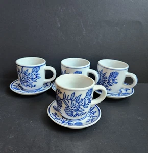 Cobalt Blue & White Floral Demitasse Tea Set – 4 Cups & 4 Saucers – Porcelain - Picture 1 of 13