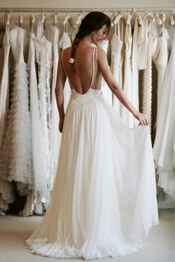 Boho Spaghetti Lace Chiffon Beach Wedding Dress Open Back Bridal Gowns Custom 2+ - Image 1 of 4