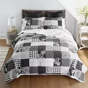 Donna Sharp Indiana Farmhouse Pieced Cotton King 3-Pc Quilt Set Patchwork Black - Picture 1 of 6