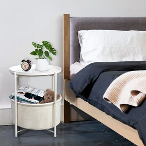 End Table Sofa SideTable with Storage Fabric Bag Snack Table White Nightstand - Picture 1 of 9