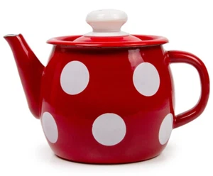 Red Polka Dot Enamel Teapot Small Stovetop Kettle Vintage Enameled Tea Pot 1.1qt - Picture 1 of 6