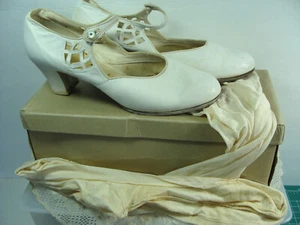 Antique 20s White Leather Wedding Bride Dress Pearl Button Shoes & Stockings Lot - Picture 1 of 22