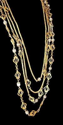 alter mehrreihiger Springer breite goldene Halskette Perlen Glas Vintage - Bild 1 von 4