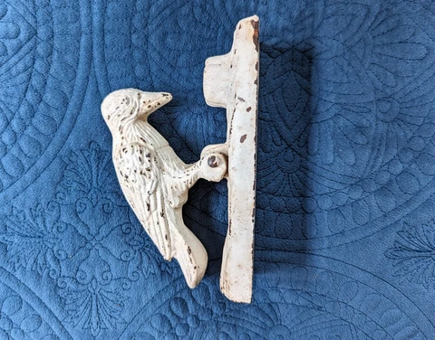 Vintage Cast Iron Bird Door Knocker White Woodpecker Cover