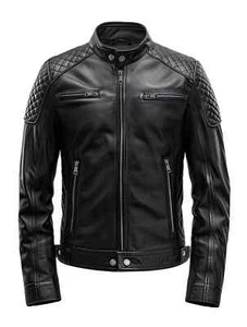 Men's Cafe Racer Classic Motorcycle Black Genuine Lambskin Leather Biker JacketB - Picture 1 of 12