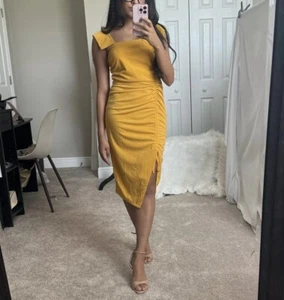 Yellow Cocktail Dress, Slit, Modern Geometric Sleeves, Ruched, Body Contouring - Picture 1 of 2