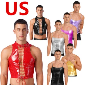 Camisetas para hombre look húmedo charol tops cortos huecos con cordones ropa de club nocturno - Imagen 1 de 90