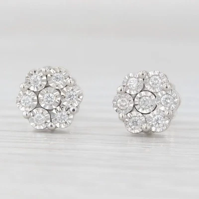 0.14ctw Diamond Cluster Flower Stud Earrings Sterling Silver Pierced Studs - Image 1 of 4