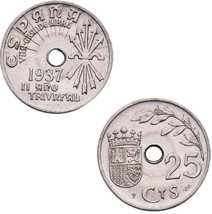 SPAIN, FRANCO-7, 25 CÉNTIMOS 1937, ORIGINAL LUSTER, UNCIRCULATED+. - Picture 1 of 1