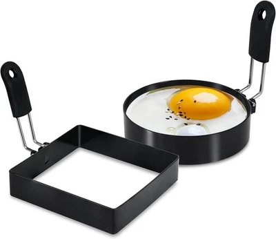 4'' Round+Square Egg Rings Set with Silicone Handle, Stainless Steel Black  - Image 1 of 4
