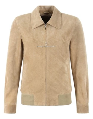 Women's Premium Goat Suede Soft Leather Jacket Beige Bomber Style Slim Jacket - Image 1 of 4