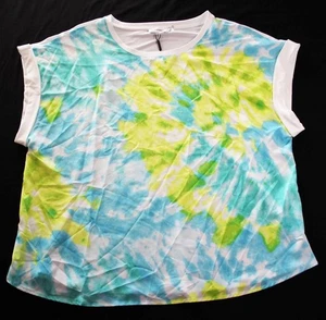Calvin Klein Womens 1X Pullover Blouse Cuffed Sleeve Top Shirt Aqua Yellow $60 - Picture 1 of 6