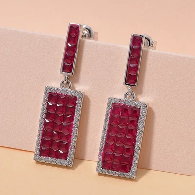 Simulated White and Ruby Color Diamond Earrings in Rhodium Over Sterling Silver - Image 1 of 4