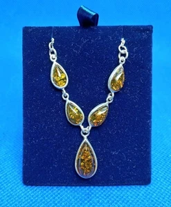 Boxed Sterling Silver & Cabochon Baltic Amber Drop Necklace 925 - Picture 1 of 12