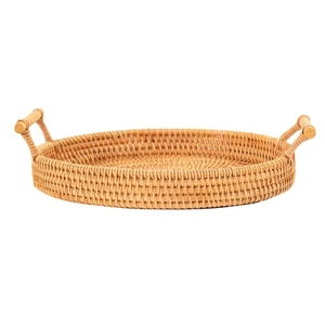 (Diameter 24cm Height 3cm) Hand Woven Round Rattan Serving Tray With - Picture 1 of 12