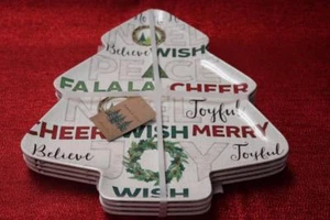 ASPEN & PINE CHRISTMAS TREE SHAPED SCRIPT MELAMINE APPETIZER DESSERT PLATES-S/4 - Picture 1 of 1