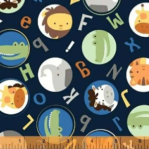 Cubby Bear Cotton Flannel ABC Animal Circle  Blue Windham Nursery BY the Yard   - Picture 1 of 1