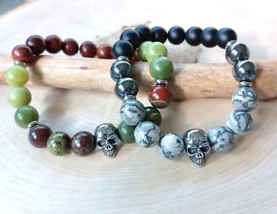 Pulseira Caveira, Pedra de Sangue, Pulseira Masculina de Motociclista, Ônix Preto, Justiceiro Negro - Imagem 1 de 4