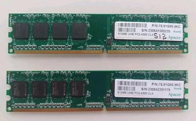 ACER Apacer 1GB (2 X 512mb)  UNB PC2-4300 CL4 RAM DIMM - Image 1 of 2