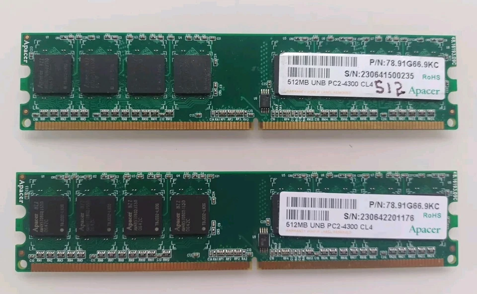 ACER Apacer 1GB (2 X 512mb)  UNB PC2-4300 CL4 RAM DIMM - Image 1 of 2