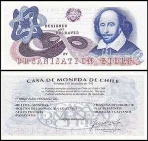 CHILE CASE DE MONDO-GIORI, NOTA DE PRUEBA DE FANTASÍA DE SHAKESPEARE SIN USAR - Imagen 1 de 1