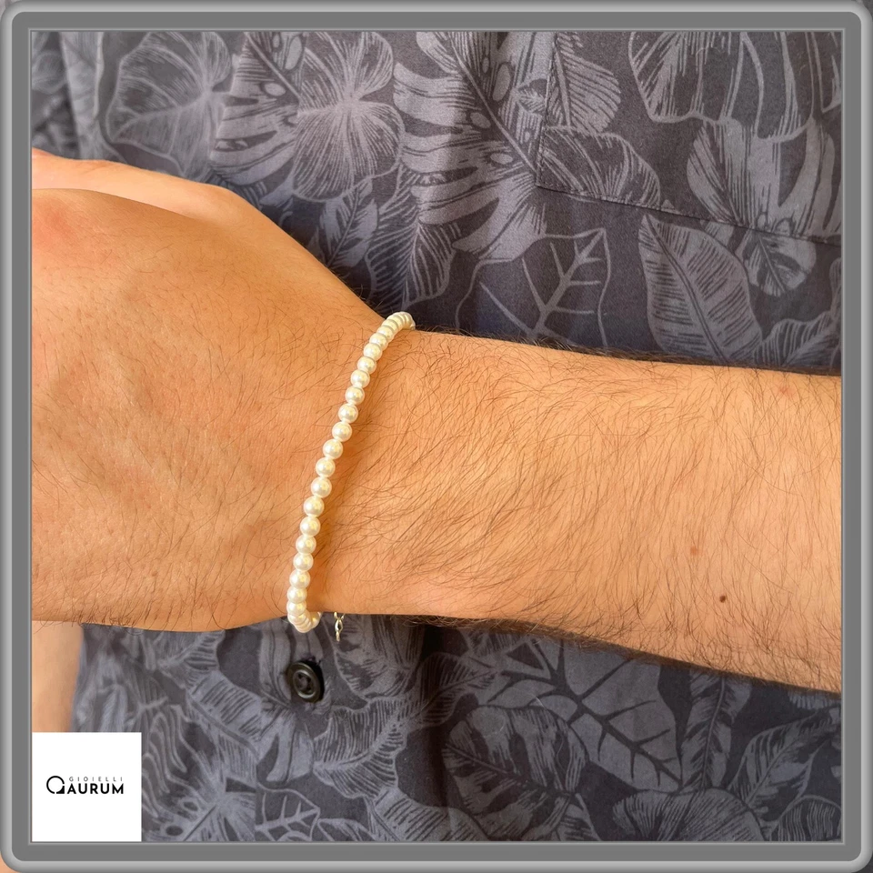 Bracciale Uomo con Perle in Perlizzato Bianco Braccialetto Argento Regolabile - Immagine 1 di 4