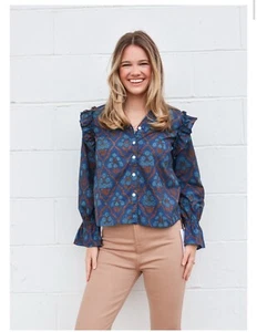 Camicetta VICTORIA DUNN donna L volant collo polsino floreale bottoni scollo a V cotone $148 - Foto 1 di 16