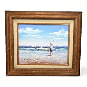 Peggy Watkins Impressionist Strand Gemälde Ozean Meer Landschaft Holzrahmen 13x15 - Bild 1 von 9