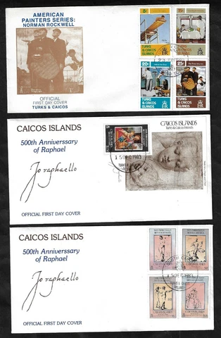 TURKS & CAICOS ISLANDS 1980s ART ON STAMPS RAPHAL & NORMAN ROCKWELL 3 FDCs Cover