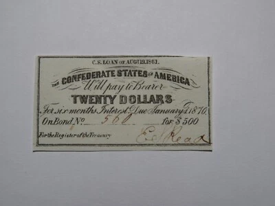 $20 1861 Confederate Bond Coupon Certificate Currency Bank Note Bill UNC - Image 1 of 2
