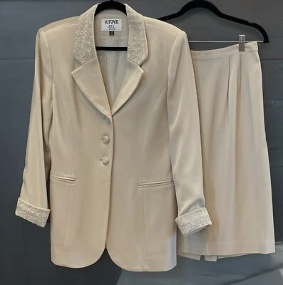 Traje Chaqueta y Falda Kasper Vintage 100% Lana Beige/Tostado 2 piezas Cuello Talla 10P Foto 1 de 4