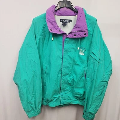 Men’s Vintage NAUTICA Purple & Teal Colorblock Full Zip Hooded Jacket Sz X-Large - Image 1 of 4