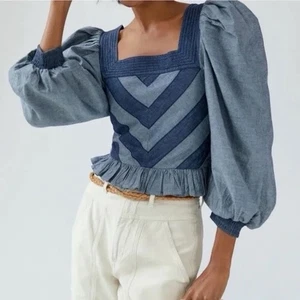 Anthropologie Love The Label Denim Patchwork Puff-Sleeve Smock Blouse Top Small - Picture 1 of 6