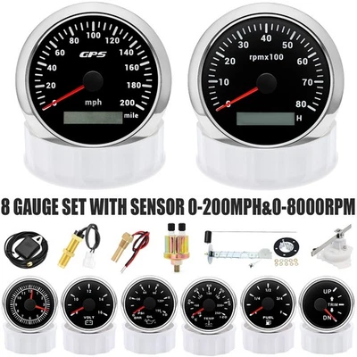 8 Gauge Set With Sensor 85mm GPS Speedometer 200MPH Tacho 8000RPM Waterproof  - Image 1 of 4