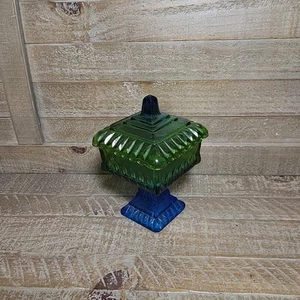 Vintage Jeanette Glass Pedestal Wedding Cake Box Lid Candy Dish Blue Green Teal - Picture 1 of 9