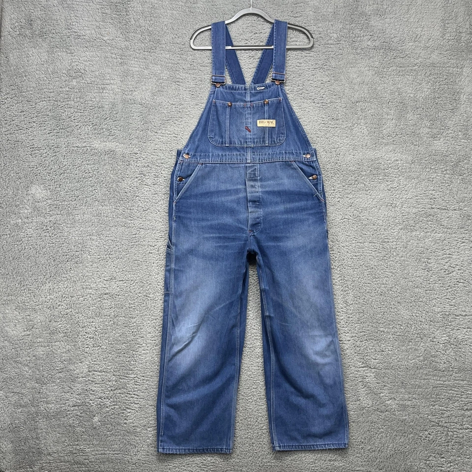 Big Mac Bib Overalls Mens 40x30 Blue Denim Low Back Workwear Adjustable X-Back - Image 1 of 4