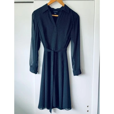 Ann Taylor Navy Blue Polka Dot Sheer Sleeve Tie Waist Midi Dress sz 6 Career - Image 1 of 4