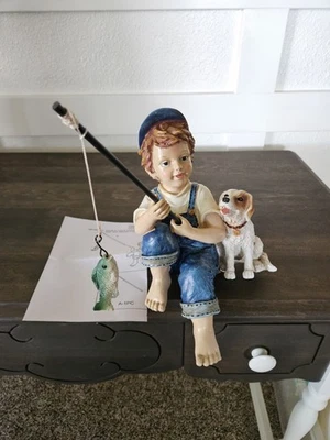 NEW! Nostalgic Figurine Fishing Boy & Jack Russell Dog Sits On Edge Of Shelf - Image 1 of 4