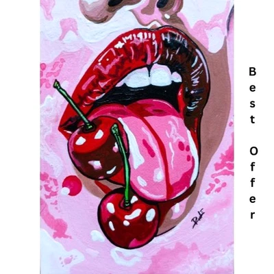 ACEO Original Lady Face RED Lips Fruit Anime Acrylic mini Pop Art Painting NEW - Image 1 of 4