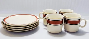 Vintage Kun-Lun Demi-Tasse Espresso 4 Cup and Saucers White Burnt Orange Black - Picture 1 of 12