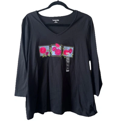 Camiseta Breckenridge Feminina XL Floral Bordada Manga 3/4 Lantejoulas Preta Nova - Imagem 1 de 4