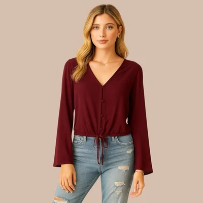 Blusa Arizona Jean Co Talla Pequeña Borgoña Acampanada Larga Slv Top Corto Boho Preppy Foto 1 de 4