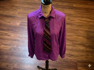 Chemisier femme vintage Judy Bond taille 8 violet manches longues et nœud années 80 - Photo 1/4